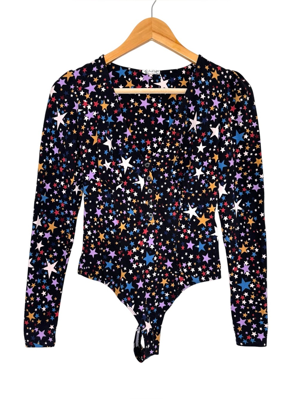Intimately Free People bodysuit top black multicolor star henley snap small